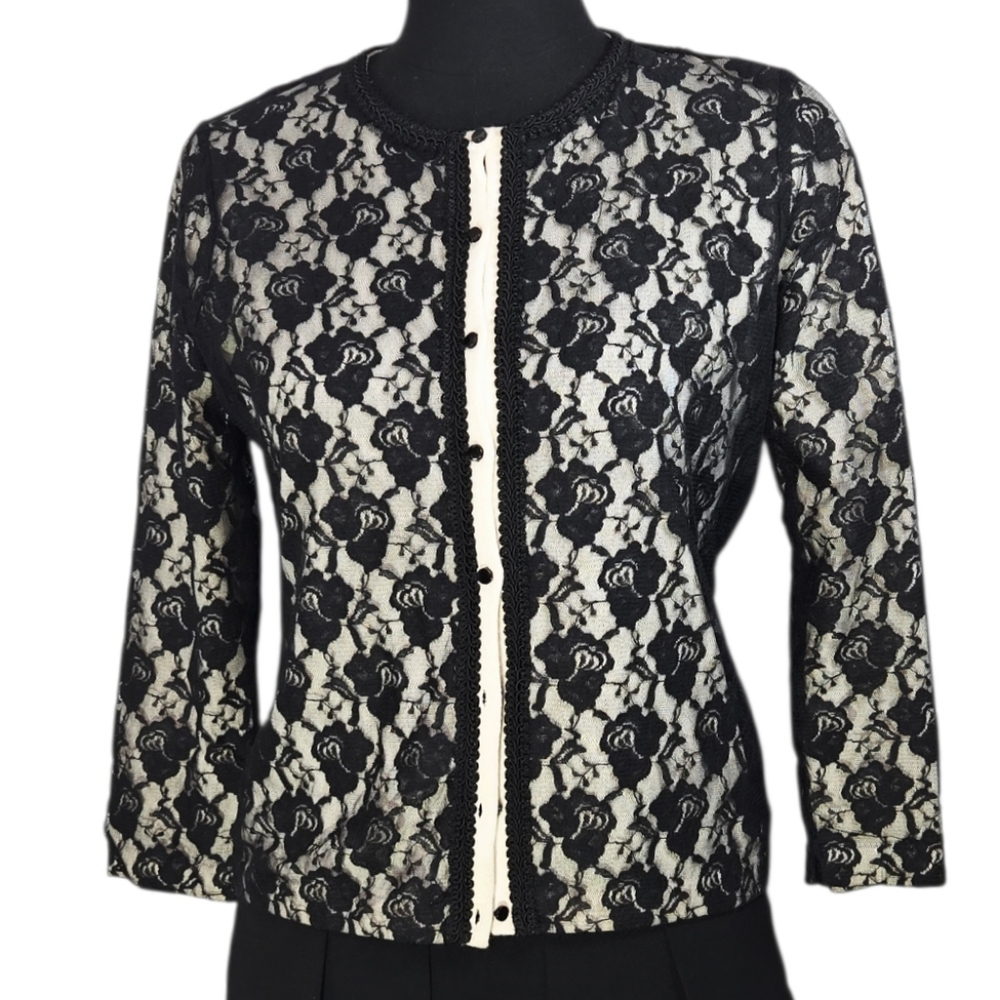 Vintage Anthropologie Odille Lace Overlay Cardigan Cream Black Floral Cotton M